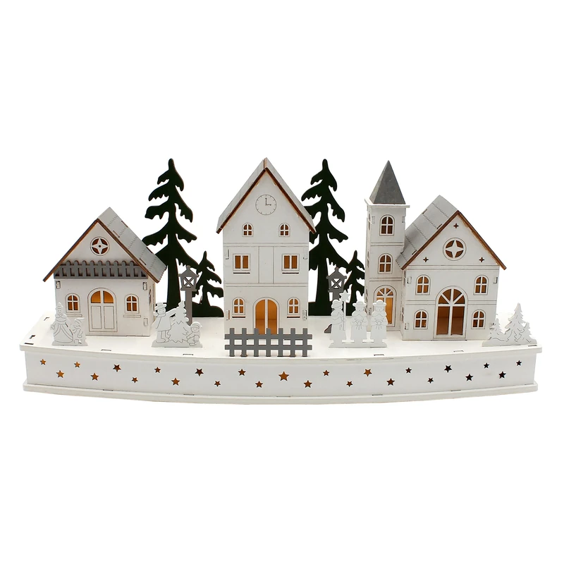 Dekohelden24 Wooden Winter Scene with LED, White with Grey and Green, Size L 12 x W 44 x H 19 cm, 44 cm - Image 1