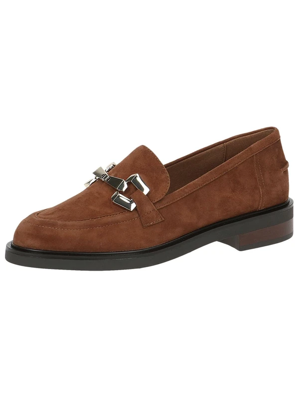 CAPRICE women's leather loafers with block heel, Brown (Cognac Suede), 7.5 UK