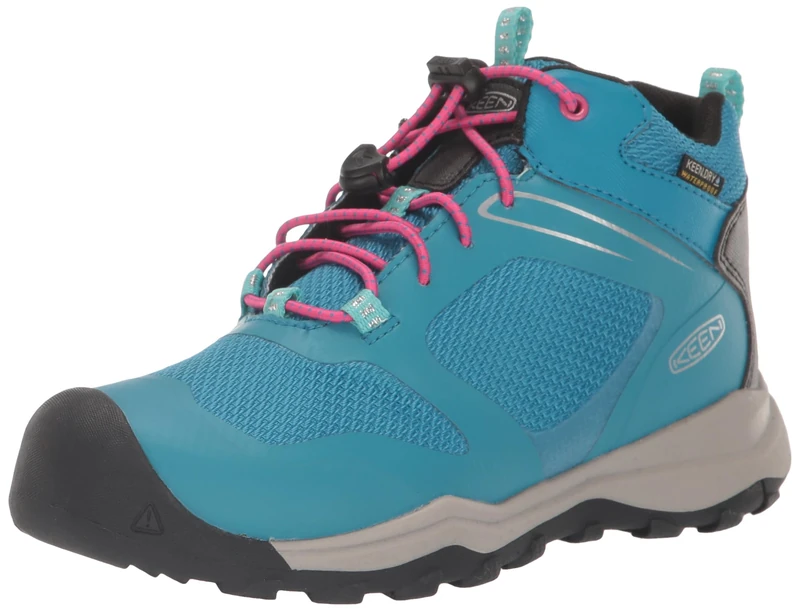 KEEN Unisex-Child Wanduro Mid Height Waterproof Easy On Durable Sneaker Hiking Boots, Fjord Blue/Fuchsia Purple, 1