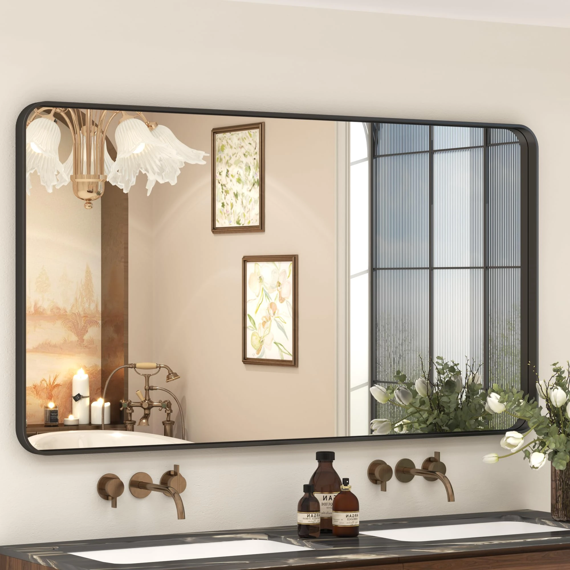 VANLIO 55x30 Inch Black Framed Bathroom Mirror for Wall, Large Matte Metal Framed Wall Mirror, Black Rectangle Bathroom Vanity Mirror, Anti-Rust, Shatterproof (Horizontal/Vertical)