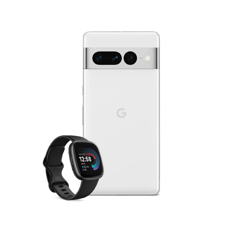 Google Pixel 7 Pro – Unlocked Android 5G smartphone with telephoto lens, wide-angle lens and 24-hour battery – 256GB – Snow + Fitbit Versa 4 Fitness Smartwatch, compatible with Android and iOS