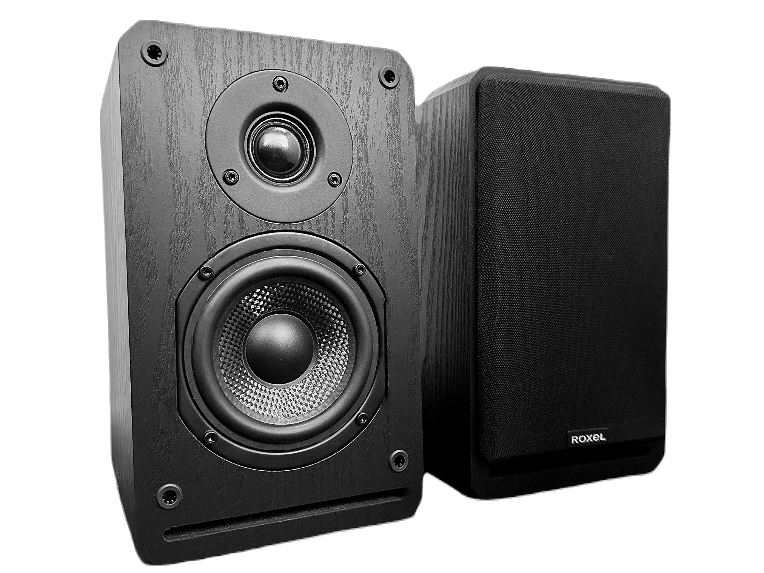Roxel RBS-300 Passive Bookshelf Speaker, Black Wood Effect Cabinet with 4 inch Enhanced Carbon Fibre Woofer, 1 Inch Silk Dome Tweeter, Detailed and Refined Sound150W RMS (Black Wood)