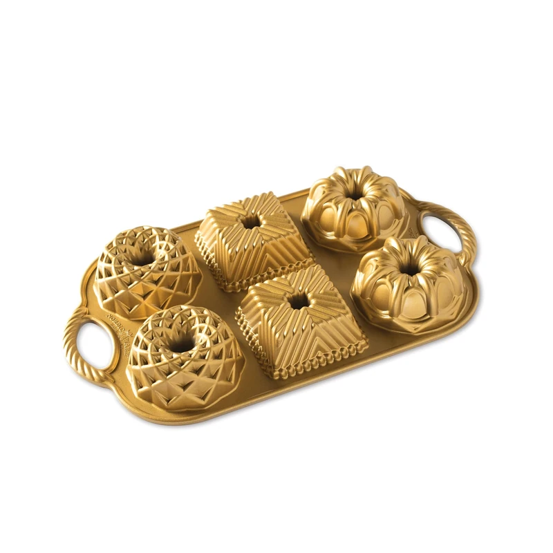 Nordic Ware Geo Bundtlette Pan, Cast Aluminium Mini Bundt Tin, Bundt Cake Tin for 6 Cakes, Cake Mould Colour: Gold