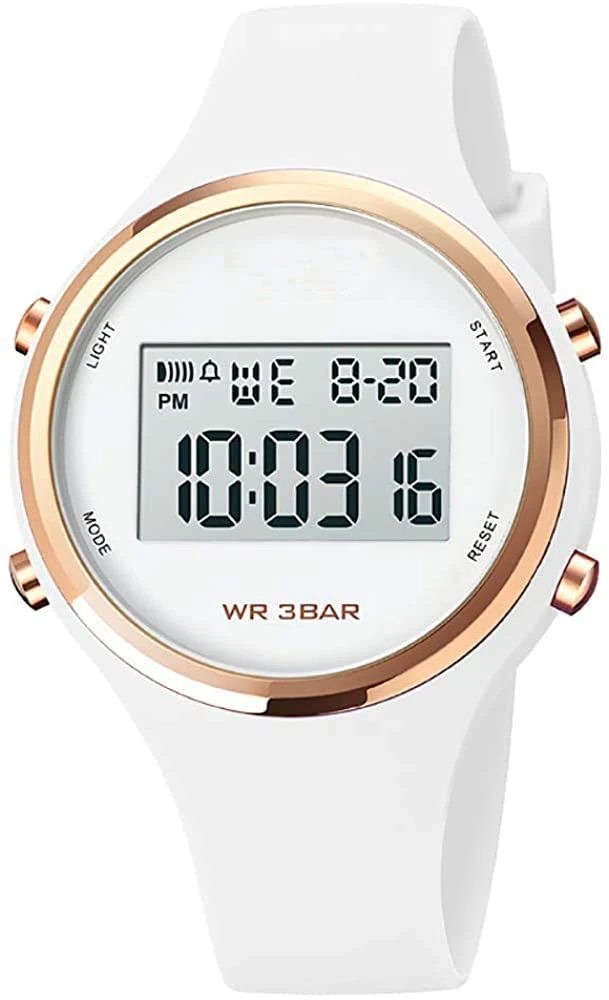 Women LED Display Elecreonic Watch Fashion Chrono Alarm Digital Clock Woman Outdoor Sport Wirstwatch (A-White)