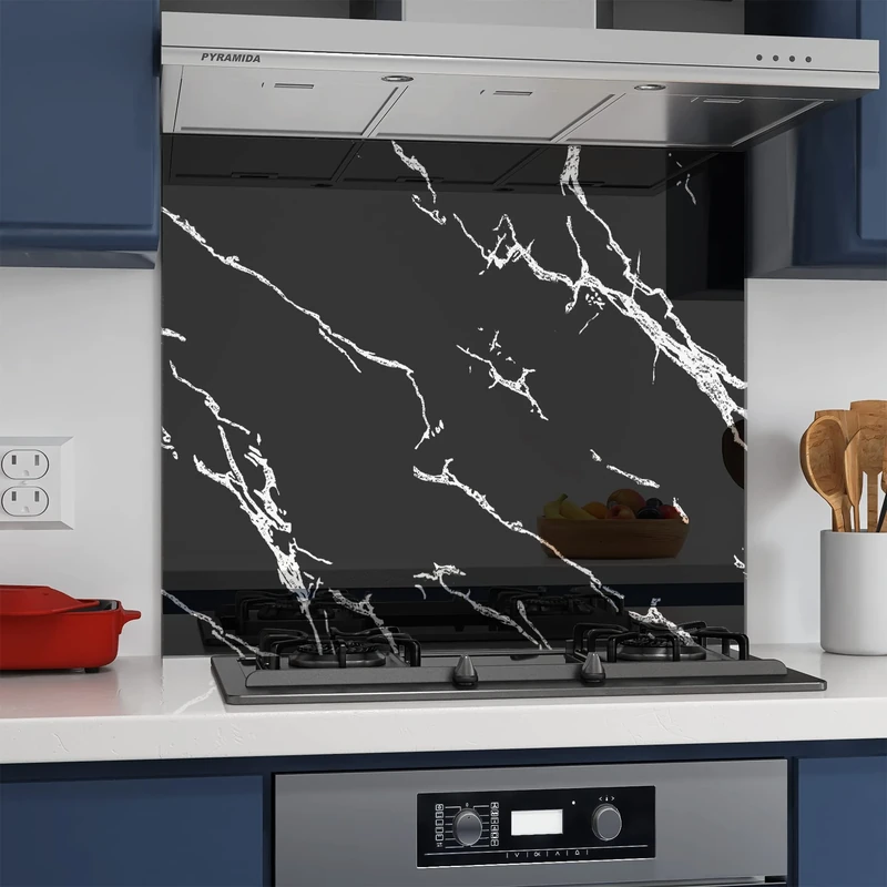 BELOFAY 60x70cm Black Marble Tempered Glass Splashback for Kitchen | 6mm Toughened Glass Heat Resistant Splashbacks for Cookers
