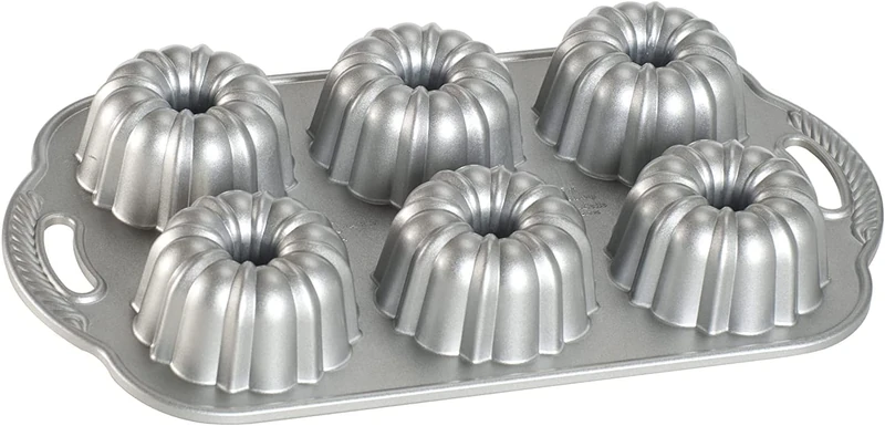 Nordic Ware Anniversary Bundtlette Pan, Cast Aluminium Mini Bundt Tin, Bundt Cake Tin for 6 Cakes, Premium Cake Mould Made in the USA, Colour: Silver