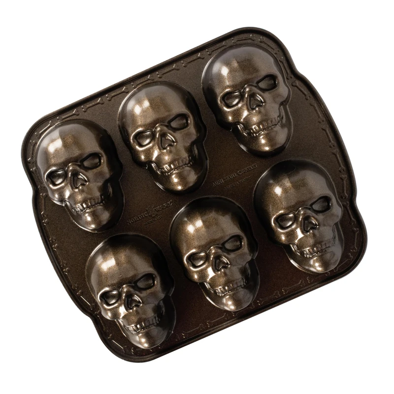 Nordic Ware Skull Cakelet Pan, Original Cast Aluminium Bundt Tin, Bundt Cake Tin for Halloween, Cake Mould Made in The USA, Colour: Bronze