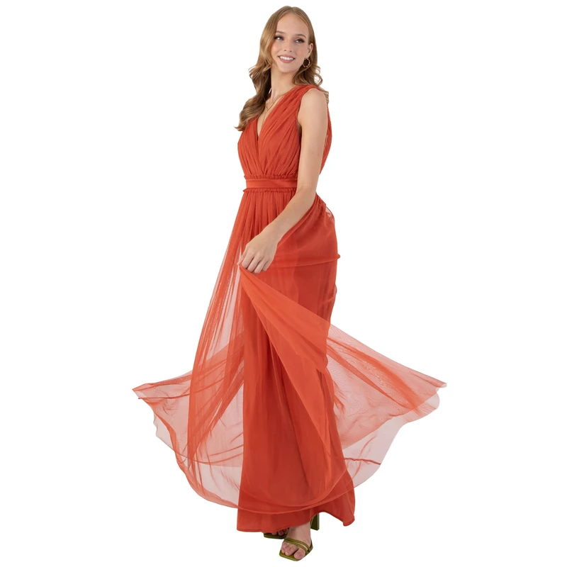 Anaya with Love Ladies Maxi Dress for Women Long V Neck with Frilly Faux Wrap for Wedding Guest Prom Evening Gown Bridesmaid Orange Size 30