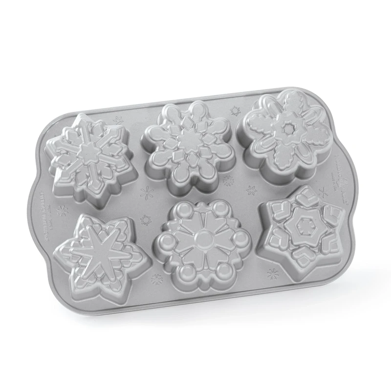 Nordic Ware Frozen Snowflakes Cakelet Pan, Christmas Cast Aluminium Bundt Tin, Bundt Cake Tin with Snow Pattern, Cake Mould Made in The USA, Colour: Silver