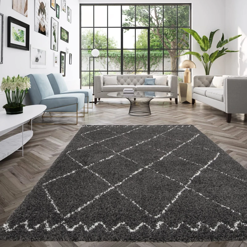 Rugs Essentials Berber Shaggy Rug – Soft and Comfortable, Easy Care, 100% Polypropylene, Ethnic Style, 160 x 230 cm, Thickness 30 mm, Black – White