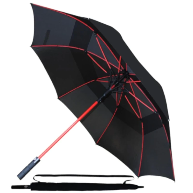COLLAR AND CUFFS LONDON 60MPH XL Large Windproof Strong Umbrella - StormDefender Big Golf Umbrella - Best for Vented Canopy - Fiberglass - Rainproof Auto Open - Non Slip Handle - Black with Red Ribs