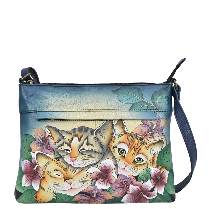 Anna by Anuschka Women Hand Painted Leather Medium Crossbody-Three Kittens Blue, One Size