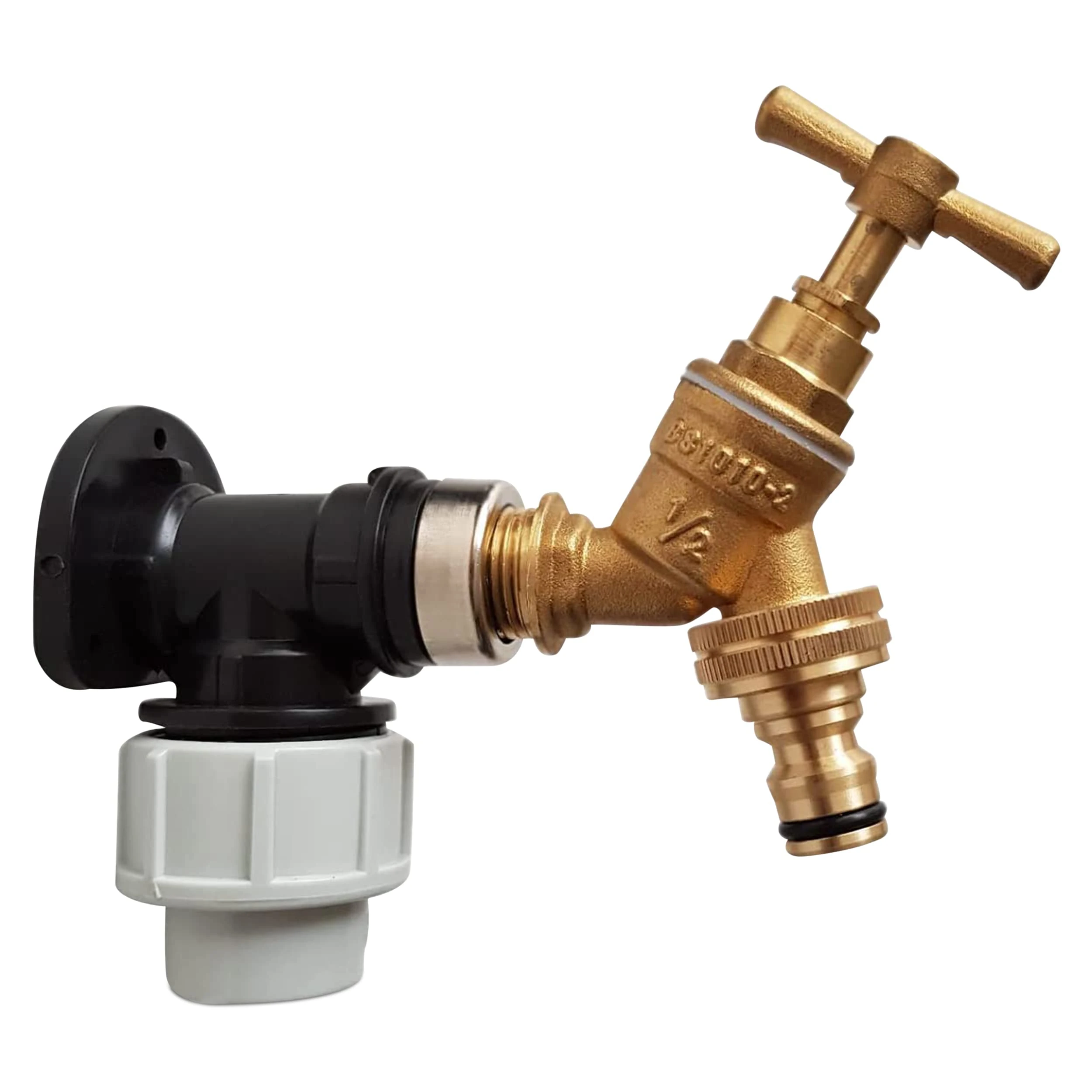 20mm MDPE Wall Flange Kit – Wall Plate Elbow ½ Brass Garden Tap with Click-Lock Hose Fitting and PTFE Tape – Easy to Install Hose Connector for Backyard, Around the House, Farmhouse. Set by MYPURECORE