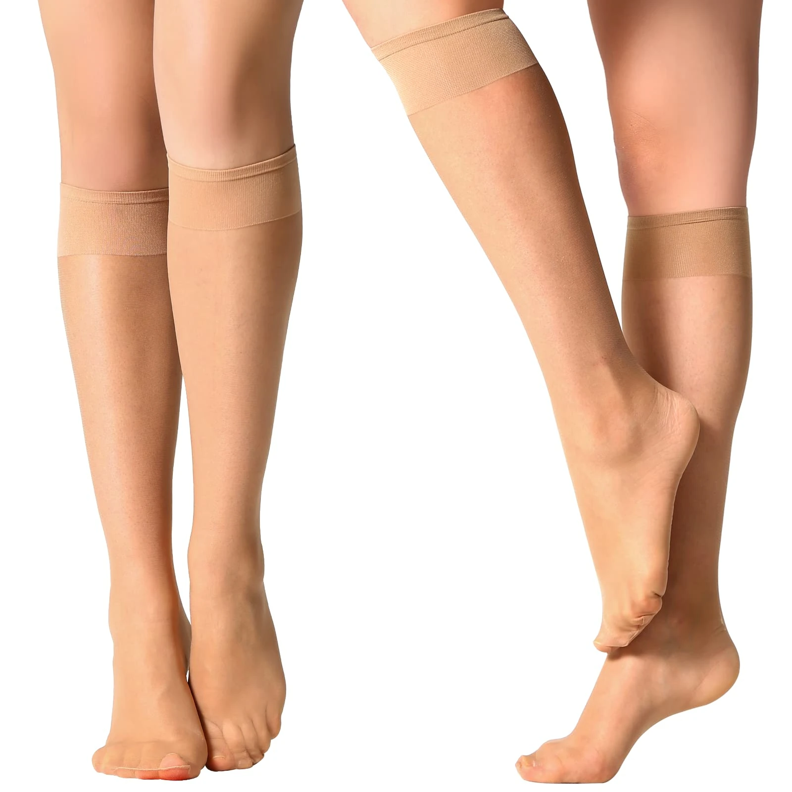 Yilanmy 12 Pairs Knee High Stockings Black Nude Sheer Pop Socks Soft 15 DEN Nylon Socks for Women (natural)