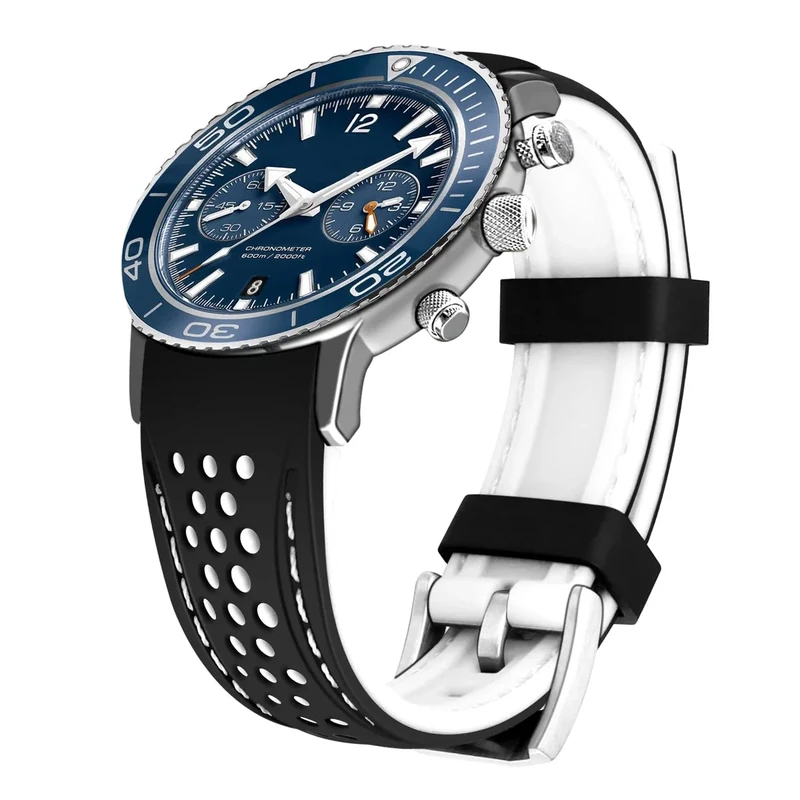Kai Tian Two Tone Silicone 20mm End Racing Watch Band - Black White