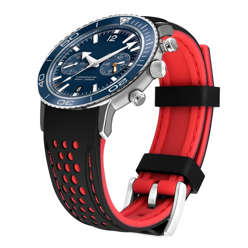 Kai Tian Durable Two Tone Silicone Curved Ends 20mm Racing Rubber Watch Bands Bracelet Black (Red Stitch) for Men Women