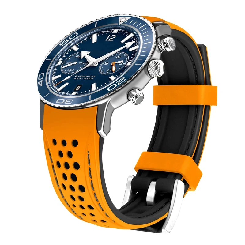 Kai Tian 20mm Curved End Silicone Watch Band - Orange Black Stitch