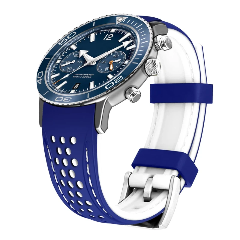 Kai Tian Two Tone Silicone Curved 22mm Racing Watch Band - Blue/White