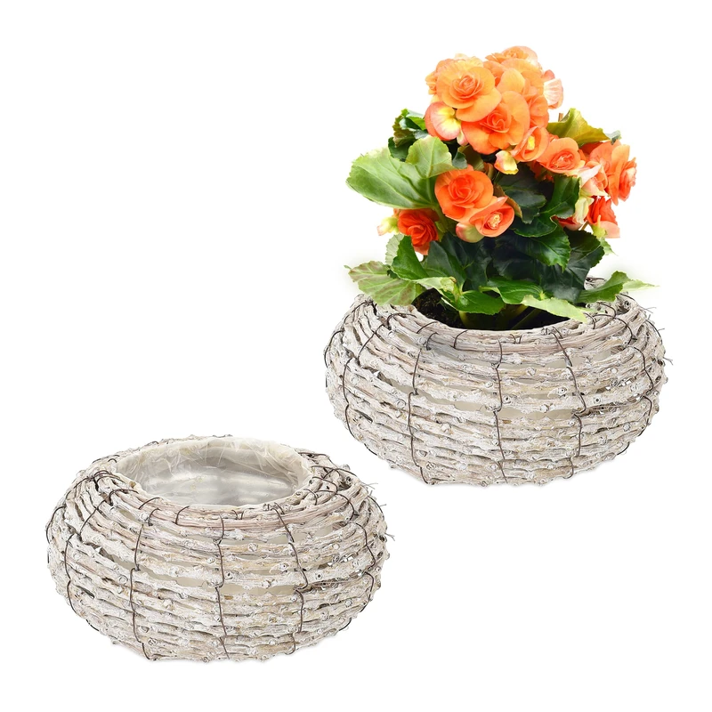 Relaxdays Set of 2 Plant Pots, Rattan, Flower Baskets with Foil, HxØ: 10x20 cm, Indoors Round Planters, White/Natural, Fibre
