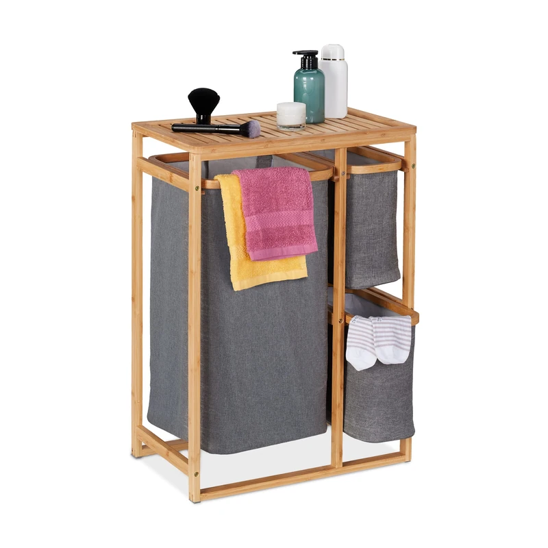 Relaxdays Laundry Basket Shelf, 3 Compartments, HxWxD: 70 x 50 x 30.5 cm, Bathroom Collector, Bamboo, Natural/Grey, 70x50x30.5 cm