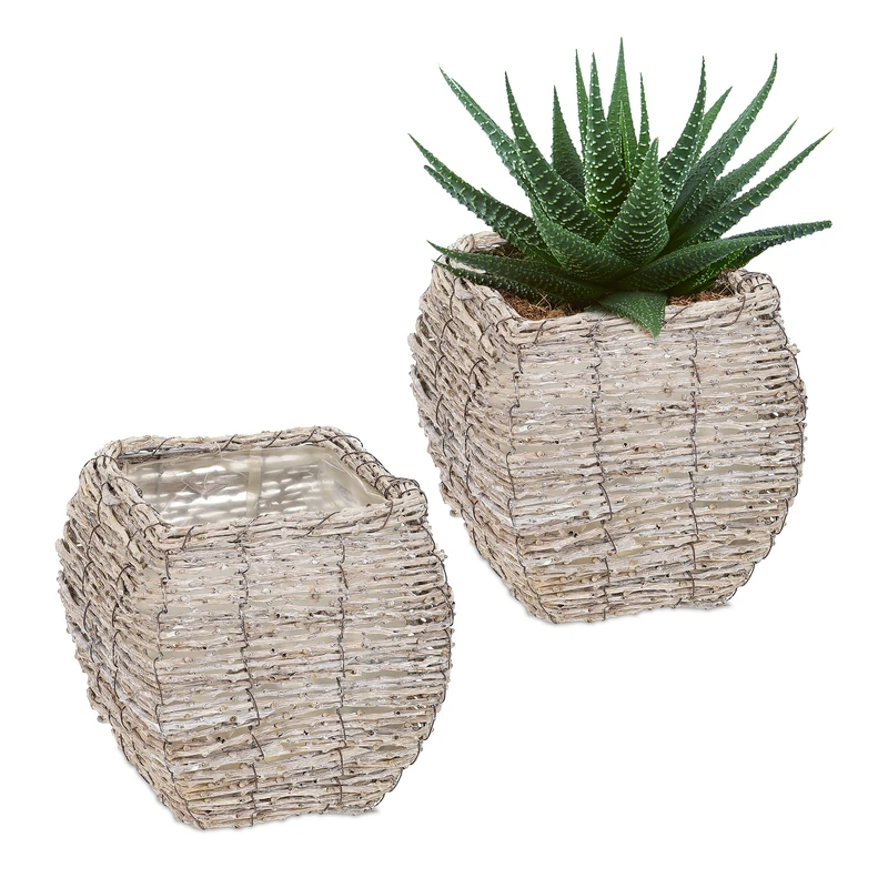 Relaxdays Set of 2 Plant Pots, Rattan, Flower Baskets with Foil, HDW: 20x20x20cm, Indoors Square Planters, White/Natural, Fibre