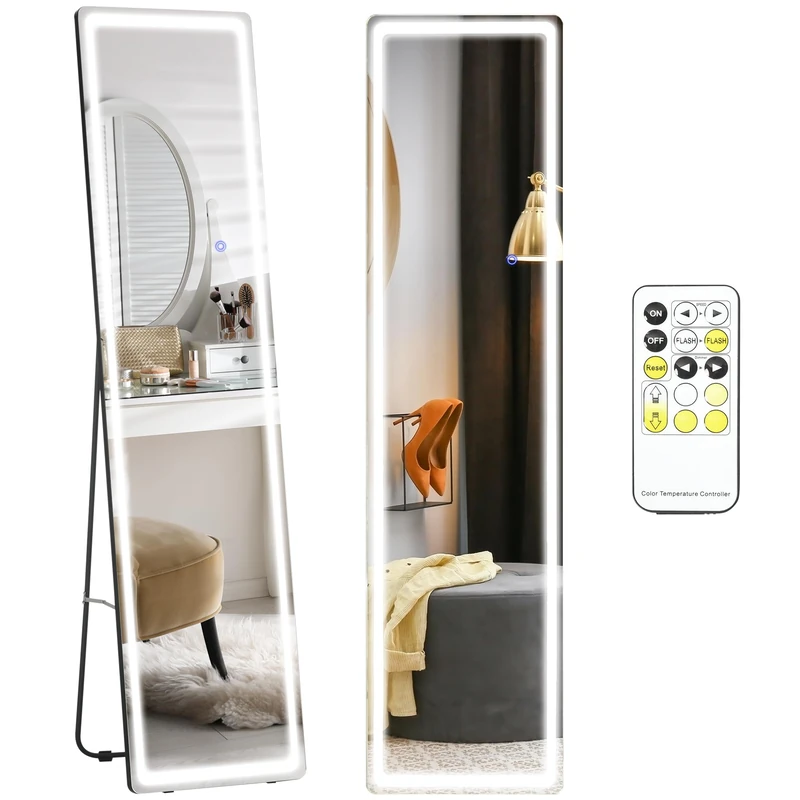 HOMCOM Full-Length Mirror, 160 x 40 cm, Wall Mounted, Freestanding Floor Mirror with LED Lights and Remote Control, Dimming & 3 Colour Modes, for Bedroom, Black - Image 1