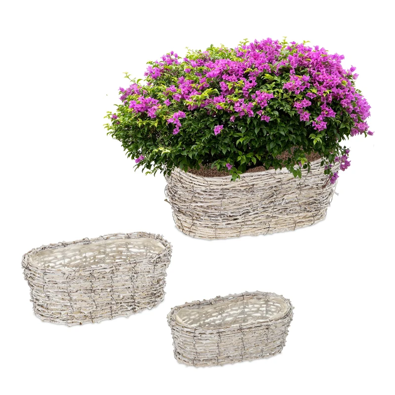 Relaxdays Set of 3 Indoors Plant Pots in Various Sizes, Made of Rattan, Lined with Foil, Oval Planters, White/Natural, Fibre, 13.5 x 34 x 21 cm