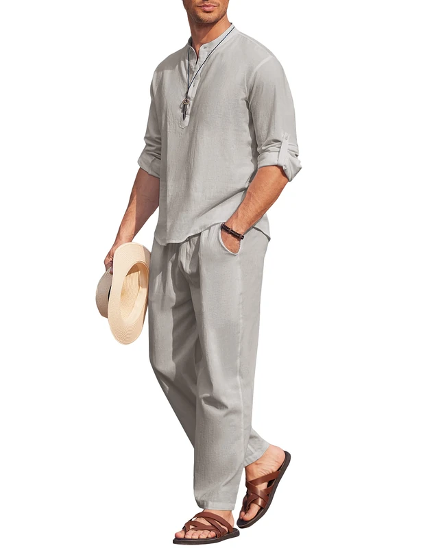 COOFANDY Men's 2 Pieces Cotton Linen Set Long Sleeve Henley Shirts Casual Beach Pants With Pockets Summer Yoga Outfits, Grey, Large - Image 1