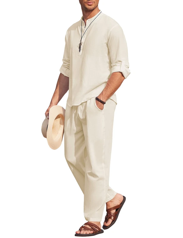 COOFANDY Men's 2 Pieces Cotton Linen Set Long Sleeve Henley Shirts Casual Beach Pants With Pockets Summer Yoga Outfits, Beige, Large