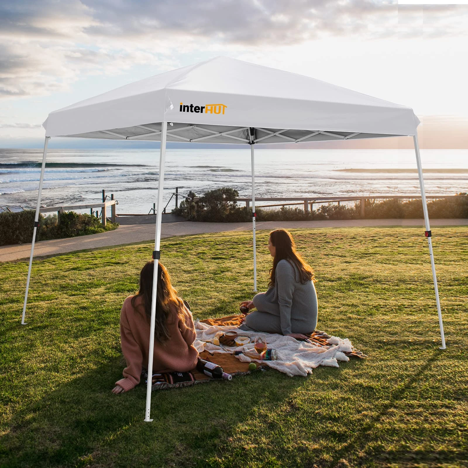 INTER HUT Slant Leg Portable Pop up Canopy Tent with Wheeled Bag, Instant Outdoor Beach Canopy Folding Sports Shelter 8x8 Top 10x10 Base, White