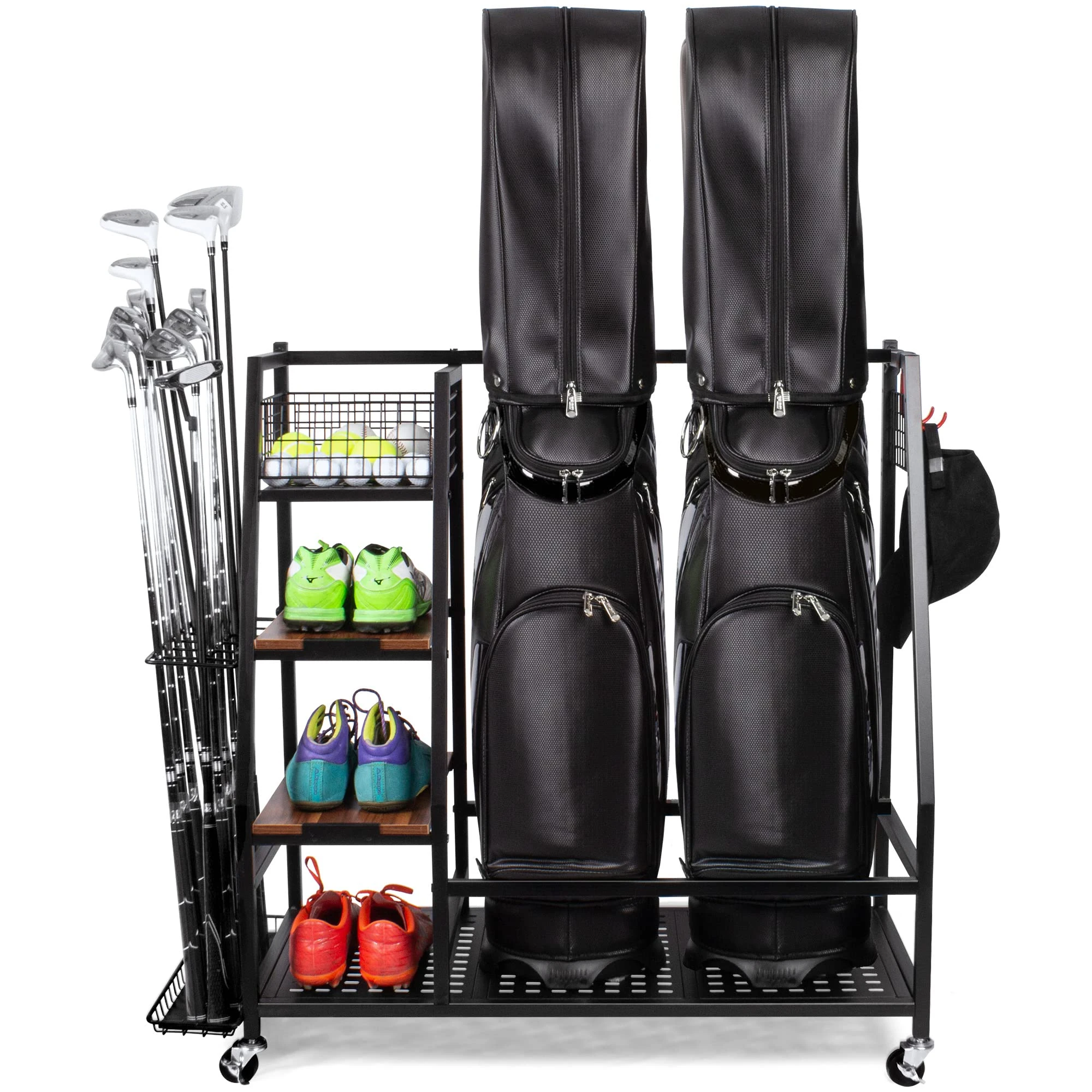 Sttoraboks Golf Storage Rack with Lockable 360° Wheels, Heavy-Duty Metal Golf Storage Organiser with Wooden Shelves & Hooks, Golf Club Stand for 2 Bags/Clubs/Shoes/Indoor/Garage, Up to 136kg/300lbs