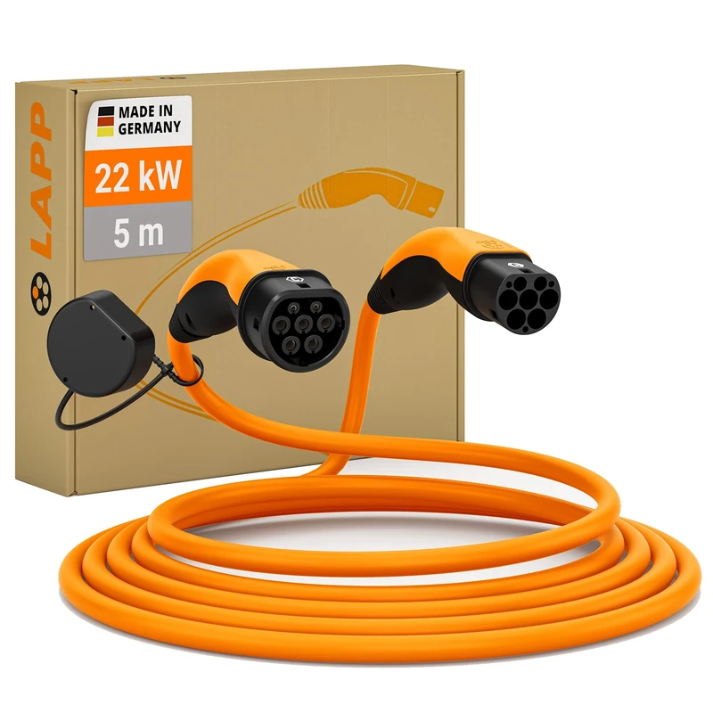 LAPP MOBILITY Electric Car Charging Cable Type 2, 22kW, 32A, Self-retractable, Three-phase, Mode 3 - Fast EV Charging Cable - For Wallbox and Car Charging Station - Made in Germany, 5m Orange