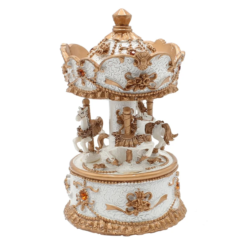 Dekohelden24 Music Box as Carousel with Sound, Made of Poly in White Gold with Orange Stones, Size L/W/H 14 x 8 x 14 cm, 14 cm