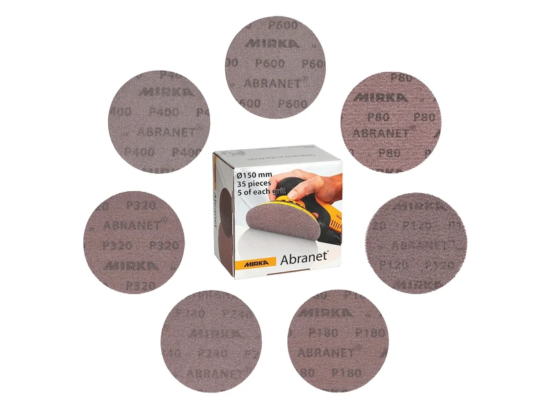 Mirka Abranet net sanding discs Ø 150mm Hook & loop/Mix-pack 5 of each grit 80, 120, 180, 240, 320, 400, 600/35 pcs/Suitable for all 150mm eccentric sanders and sanding machines.