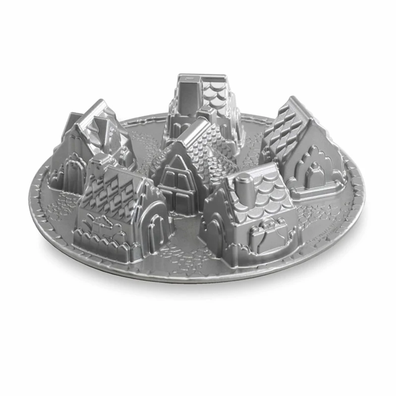 Nordic Ware Cosy Village Cake Pan, Village Shaped Cake Mould Tray, Cast Aluminium Cake Tin, Muffin Tray for Six Small Houses, Made in the USA Colour: Silver