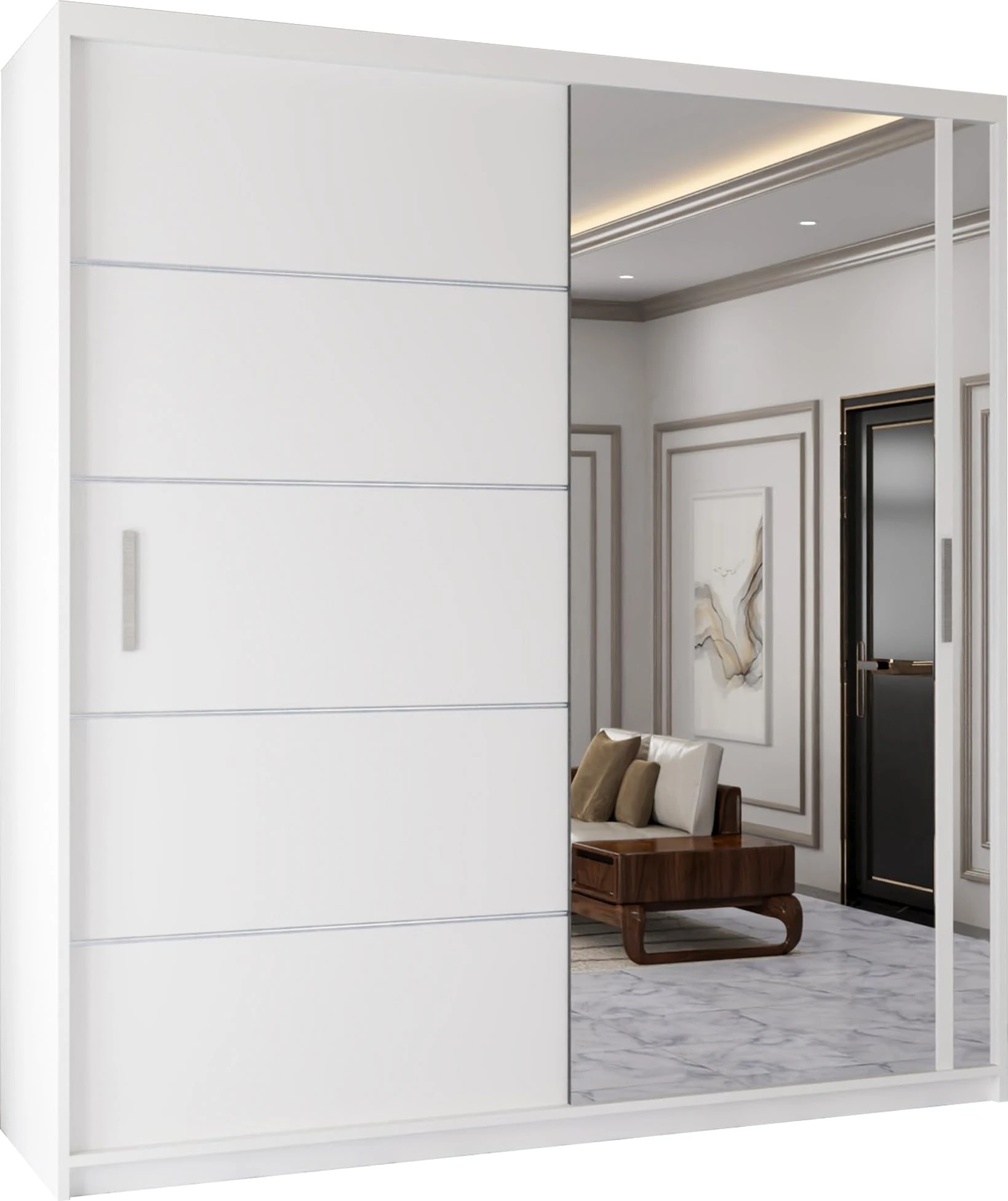 Modern Double Sliding Door Wardrobe 2 Mirrored Hanging Rails & Shelves Storage Cabinet for Bedroom (White, 180cm)