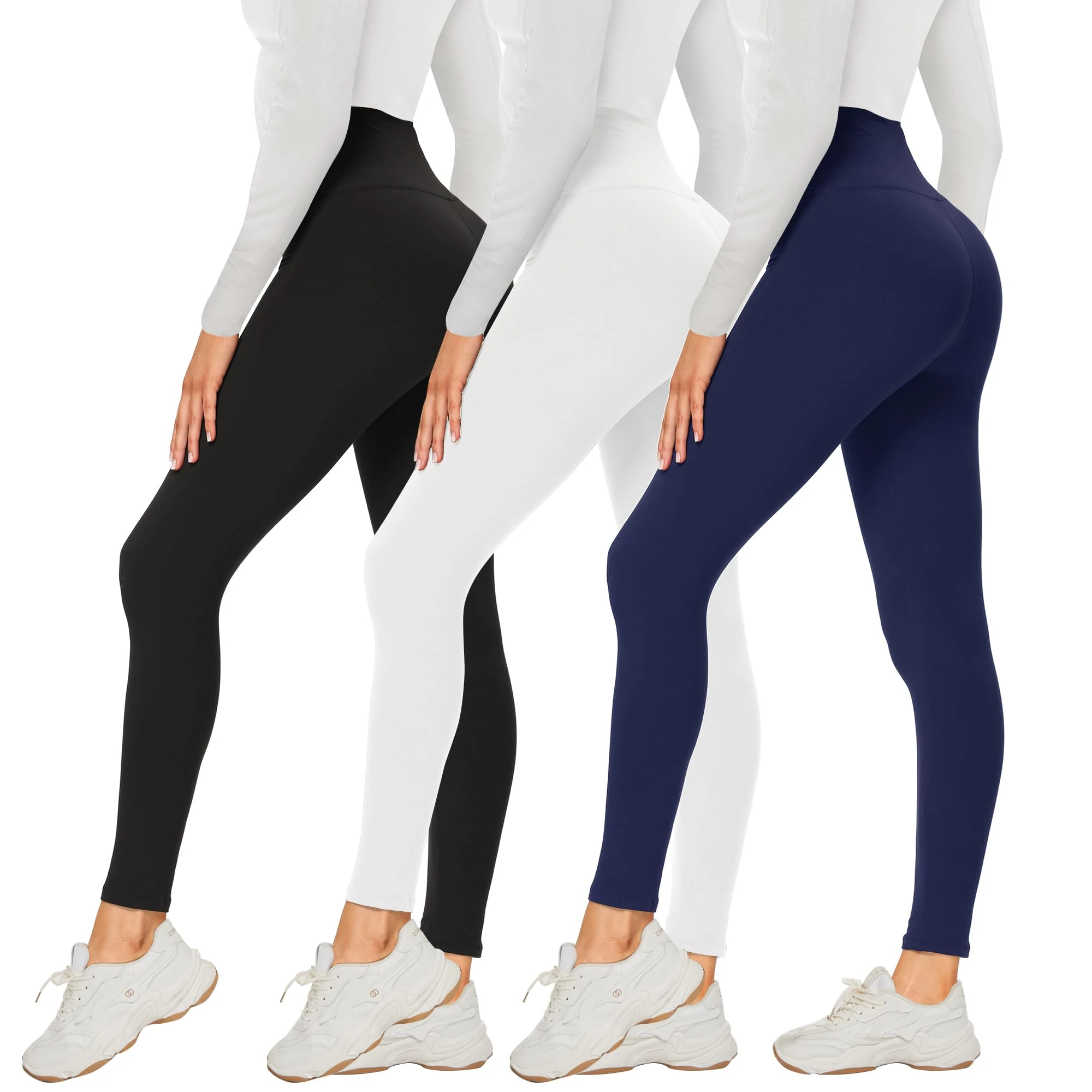 DDOBB 3 Pack Leggings for Women High Waisted Black Leggings Tummy Control Stretchy Pants Trousers for Gym Fitness Yoga Running Regular&Plus Size(Black+White+Navy)