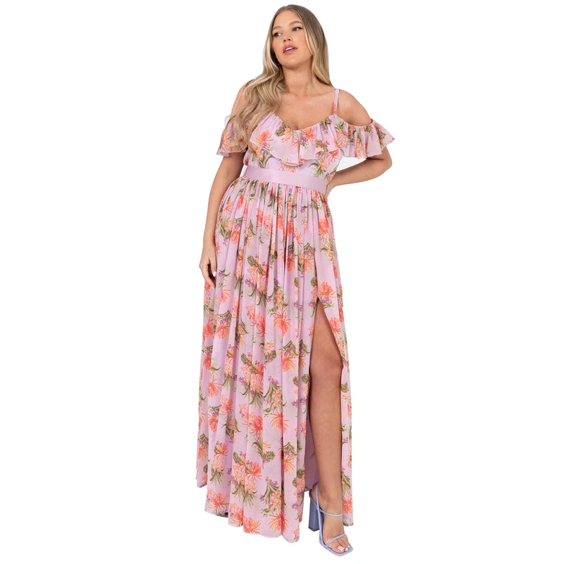 Anaya with Love Women's Womens Maxi for Ladies Slit Split Cold Shoulder Bardot V Neckline Tie Belt Tropical Dress, Lilac, 14 UK