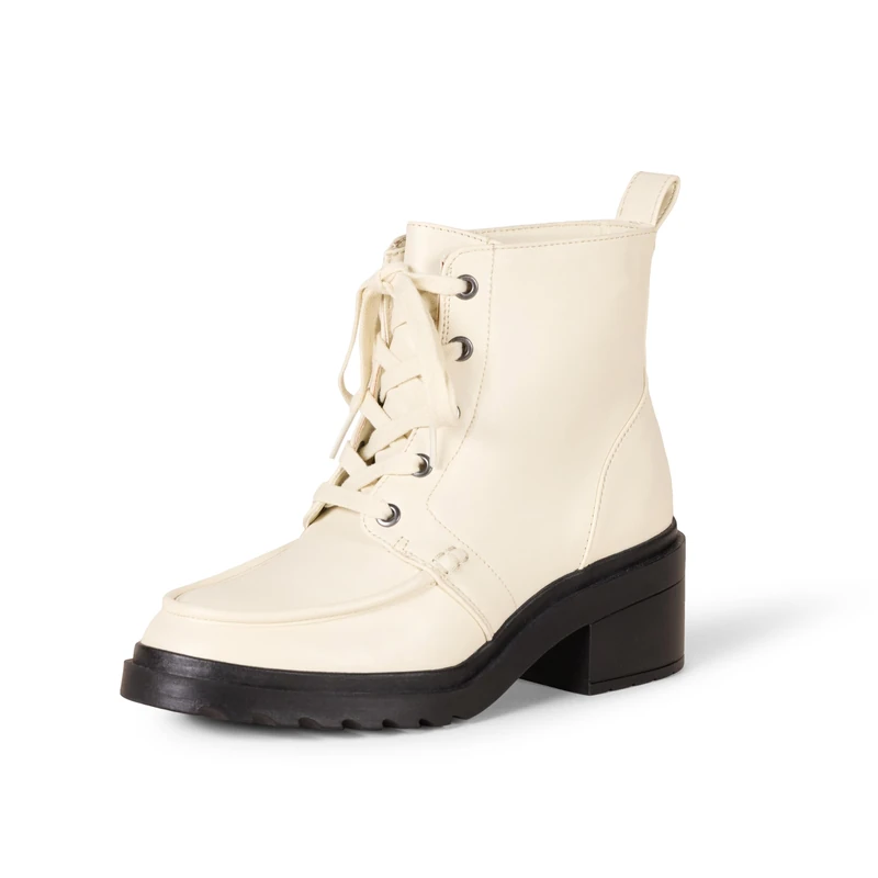Amazon Essentials Women's Moc Toe Boots, Ecru Faux Leather, 8 UK