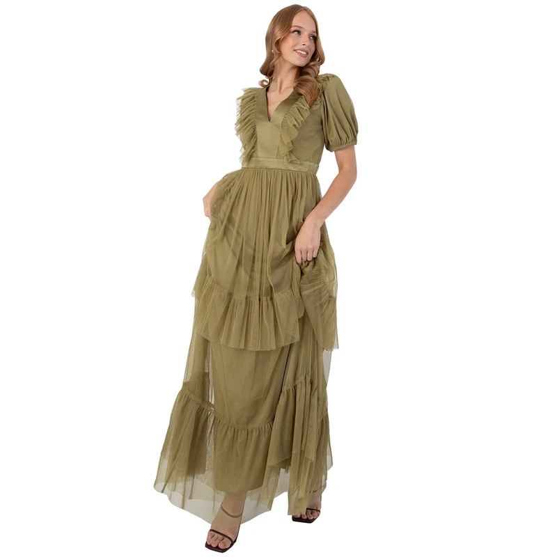 Anaya with Love Women's Womens Maxi for Ladies Frilly V Neckline Short Puffed Sleeve Tiered Ruffle Back Keyhole High Dress, Olive, 8 UK