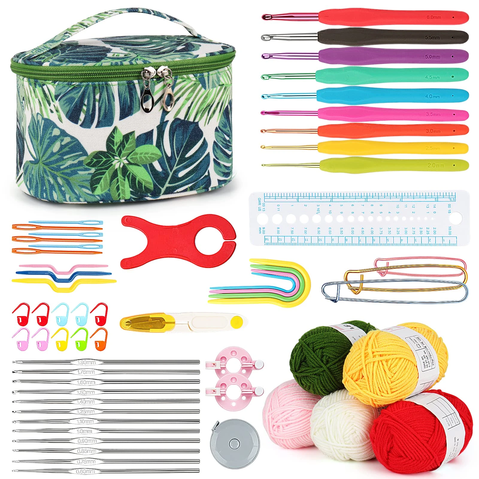 Aeelike Crochet Kits for Beginners, Crochet Starter Kit UK, Crochet Set with Yarn, Ergonomic Metal Crochet Hooks Set 0.6-6.0 mm, Accessories and Green Storage Bag, Beginner Crochet Kit for Adults Kids