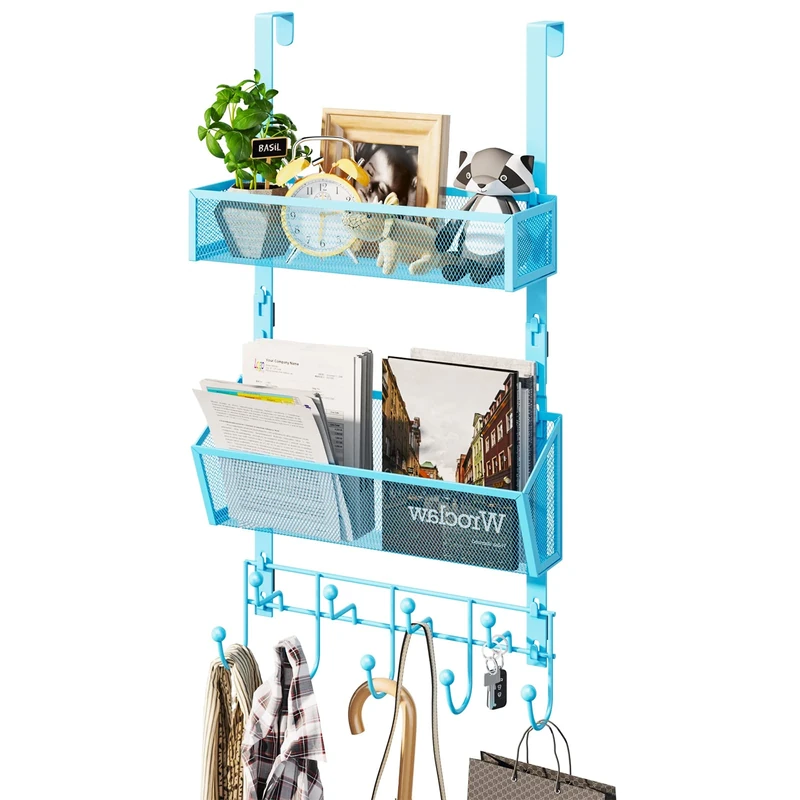 HapiRm Over Door Hanger, Stainless Steel Over The Door Hanger No Drilling, Over The Door Hook with 2 Baskets and 9 Hooks for Bathroom, Kitchen, Office, with 4 Protective Pads, Blue