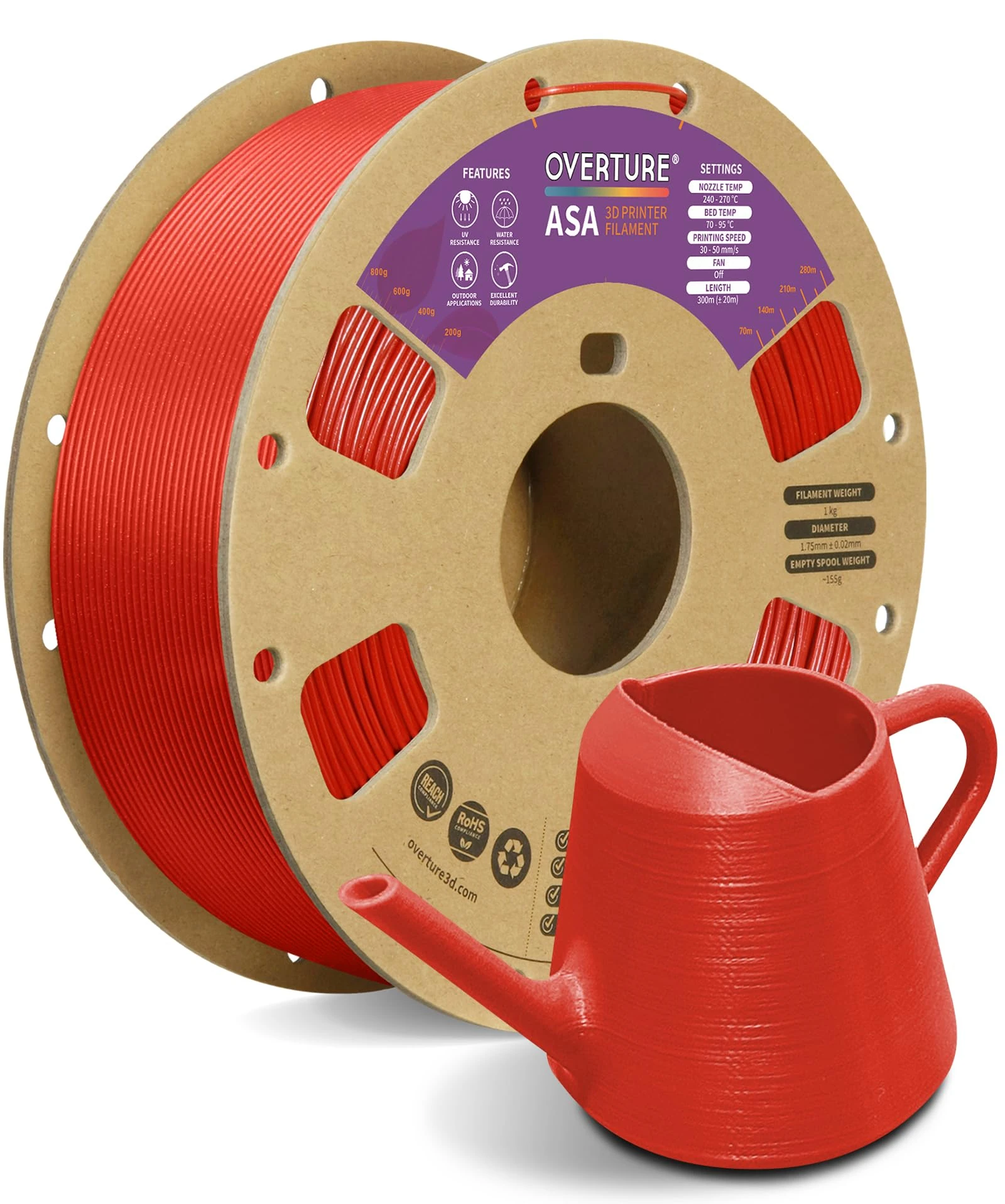 OVERTURE ASA Filament 1.75mm, 1kg Spool (2.2lbs) 3D Printer Filament, Premium Anti-UV, ASA Filament Perfect for Printing Outdoor Functional Parts, Dimensional Accuracy +/- 0.02 mm(ASA Diamond Red)