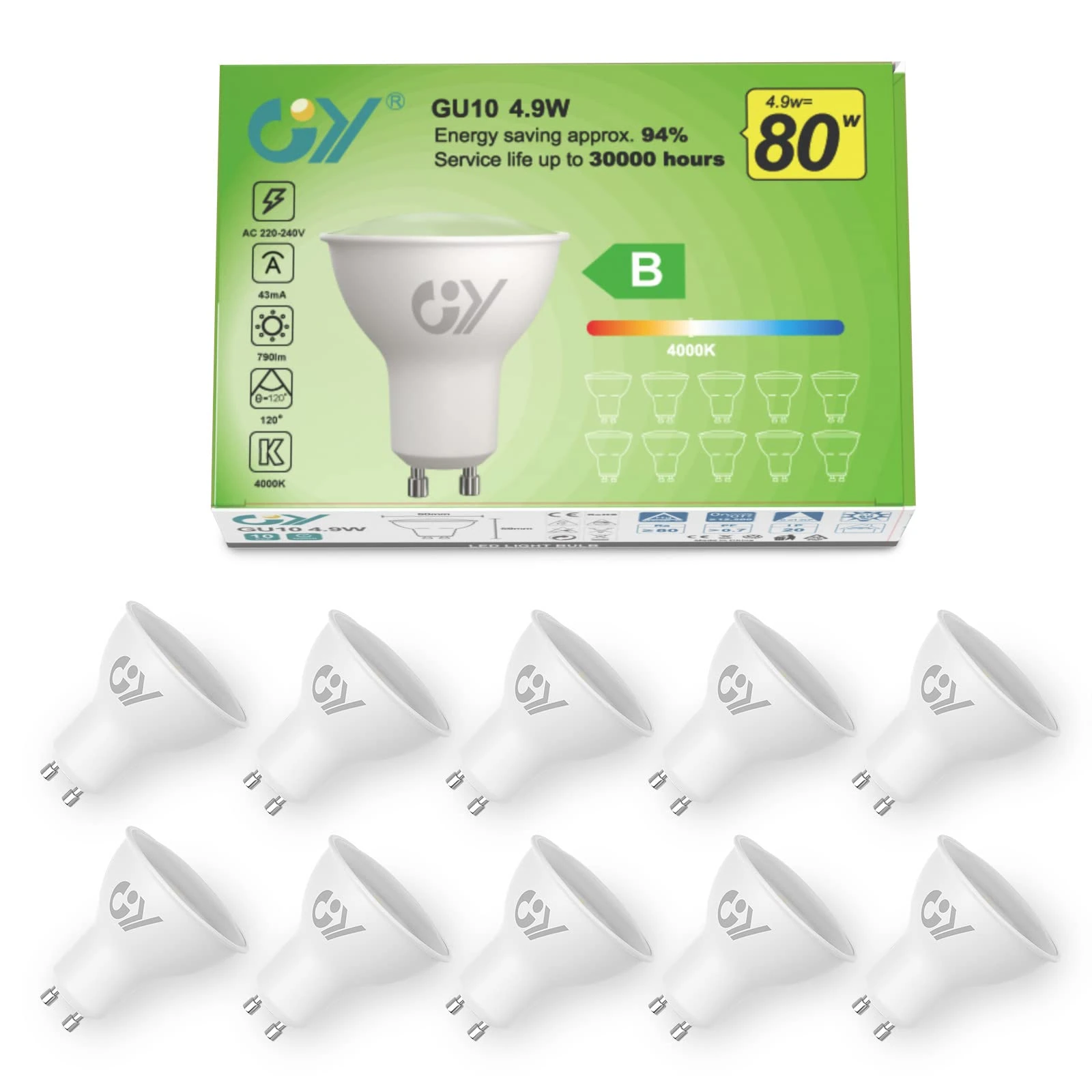 GY GU10 LED Bulb 4.9W 790lm Neutral White 4000K Energy Saving LED Bulb,The New UK Energy Efficiency Class B Replaces 80W, 110°Beam Angle Non-Dimmable, 10 Pack