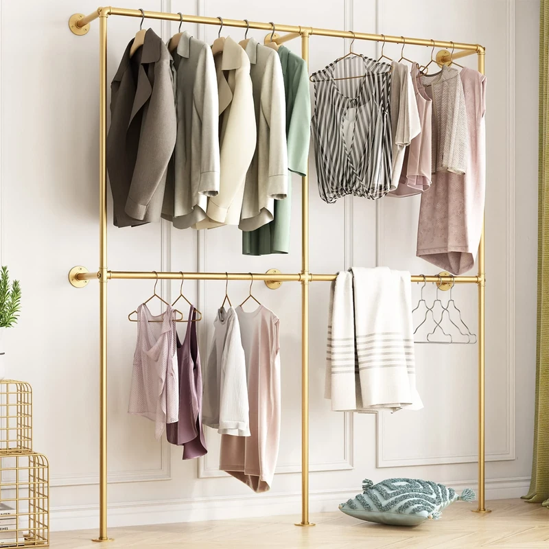 BOSURU Industrial Pipe Clothing Rack Wall Mounted,Clothes Racks with Double Hanging Rods for Closet Storage(Gold)