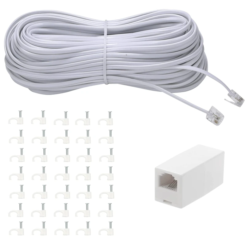 Ubramac 100Feet Long Telephone Extension Cord Phone Cable Line Wire, with Standard RJ11 Plug and 1 in-Line Couplers and 35Cable Clip Holders-White