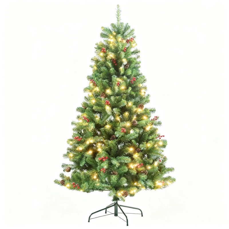 6Ft/1.8m Pre-Lit Artificial Christmas Tree Maryland Fir Green Pine Tips Decorated with Red Berries and Pine Cones Warm White LEDs Xmas Home Decorations Metal Stand