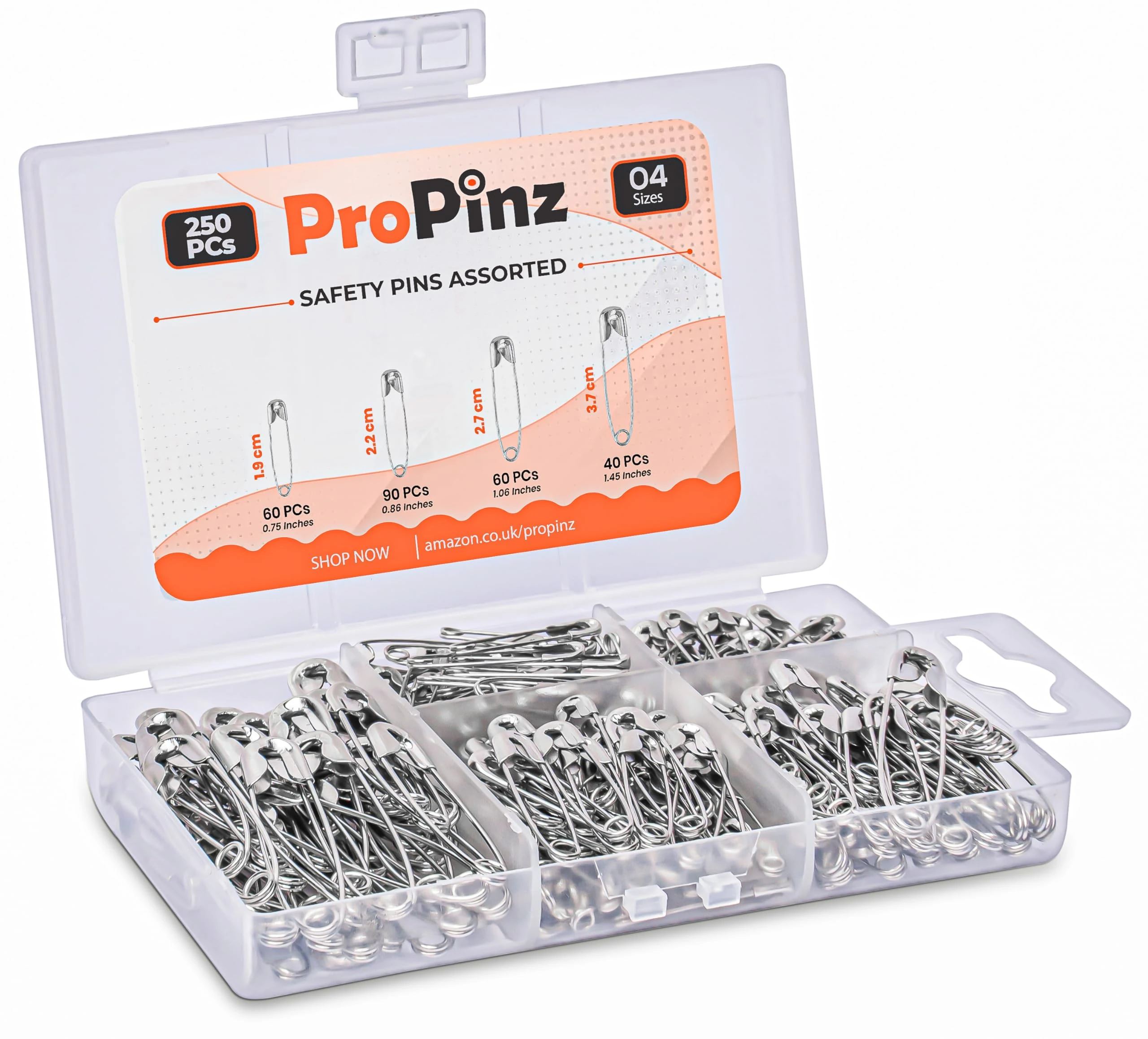 250x Safety Pins Assorted 4-Sizes - Strong Nickel Plated Steel, Rust Resistant - Small Safety Pins for Clothes and Ideal for Art & Crafts, DIY, Pinning, Hemming, Dressmaking, Sewing and More
