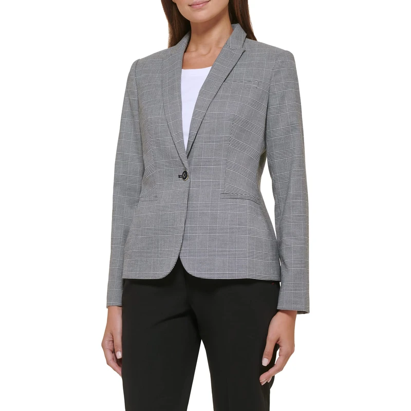 Calvin Klein Womens Plaid Fitted Single Button Blazer, Black/Ivory, 16