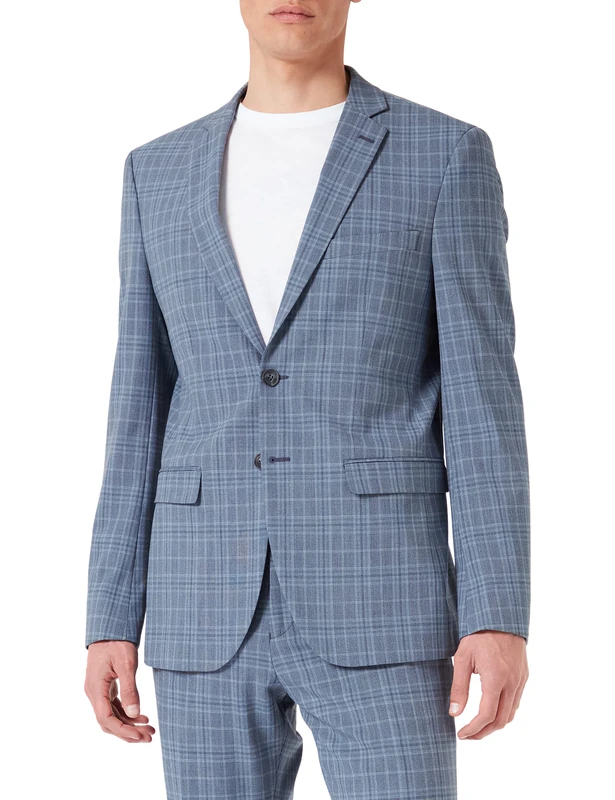 SELECTED HOMME Male Blazer Checked, Grey/Checks:Blue, 36L